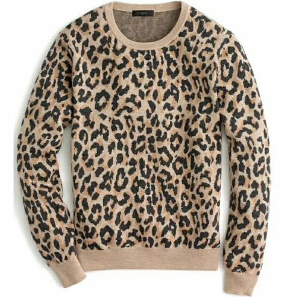 J. Crew Merino Wool Leopard Sweater Animal Print Tan Gray Knit - Picture 3 of 7